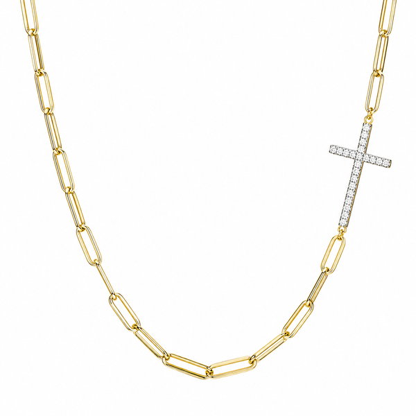 Gold Plated Paperclip Chain Necklace with Sideways CZ Cross Bradley's Jewelers Jacksonville, NC