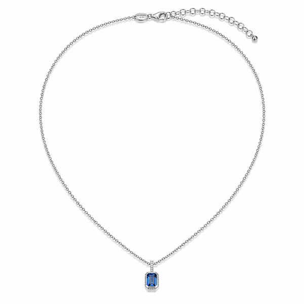 Charles Garnier Sterling Silver Created Sapphire Necklace | Rhodium Plated Emerald Cut Pendant Bradley's Jewelers Jacksonville, NC