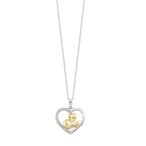 Two Tone Sterling Silver Diamond Mother & Child Pendant .10CTW Bradley's Jewelers Jacksonville, NC