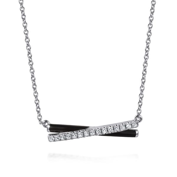 Gabriel & Co. Sterling Silver White Sapphire & Black Enamel Criss Cross Bar Necklace Bradley's Jewelers Jacksonville, NC
