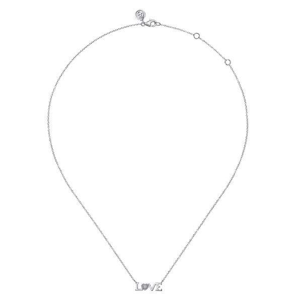 Gabriel & Co. Bujukan Sterling Silver LOVE Pendant Necklace with 0.02 CTW Diamonds Image 2 Bradley's Jewelers Jacksonville, NC