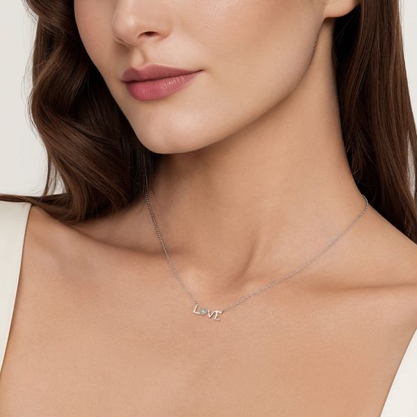 Gabriel & Co. Bujukan Sterling Silver LOVE Pendant Necklace with 0.02 CTW Diamonds Image 3 Bradley's Jewelers Jacksonville, NC