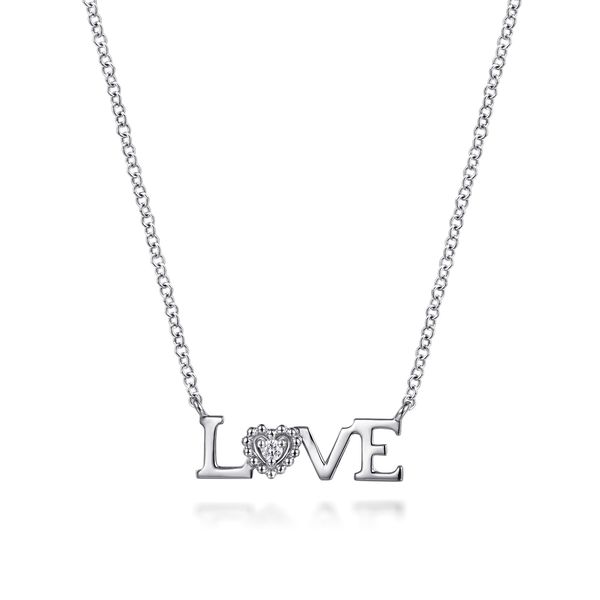 Gabriel & Co. Bujukan Sterling Silver LOVE Pendant Necklace with 0.02 CTW Diamonds Bradley's Jewelers Jacksonville, NC