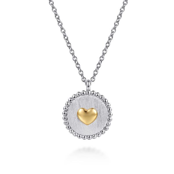 Gabriel & Co. Bujukan 14K Yellow Gold & Sterling Silver Heart Medallion Pendant Necklace Bradley's Jewelers Jacksonville, NC