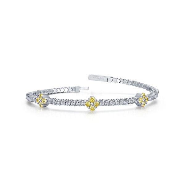 Sterling Silver, Platinum-Plated 2.45 CTW Clear Sapphire and Simulated Canary Good Luck Station Flexible Tennis Bangle Bradley's Jewelers Jacksonville, NC