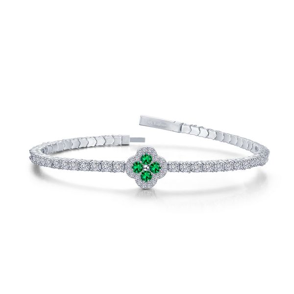 Sterling Silver, Platinum-Plated 2.45 CTW Clear Sapphire and Simulated Emerald Good Luck Flexible Tennis Bangle Bradley's Jewelers Jacksonville, NC