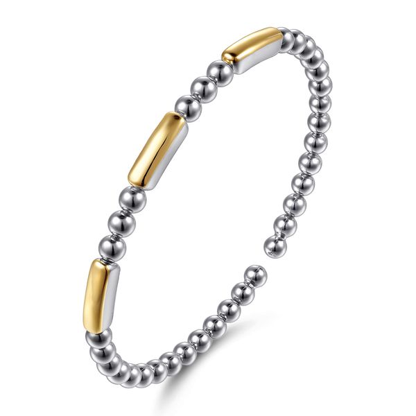 Gabriel & Co. 14K Yellow Gold & Sterling Silver Three Station Bar Bujukan Bangle Bracelet Image 2 Bradley's Jewelers Jacksonville, NC