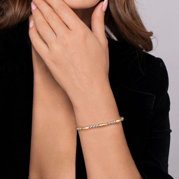 Gabriel & Co. 14K Yellow Gold & Sterling Silver Three Station Bar Bujukan Bangle Bracelet Image 4 Bradley's Jewelers Jacksonville, NC