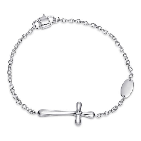 Gabriel & Co. Sterling Silver Sideways Cross .02 Ctw Diamond Bracelet Bradley's Jewelers Jacksonville, NC