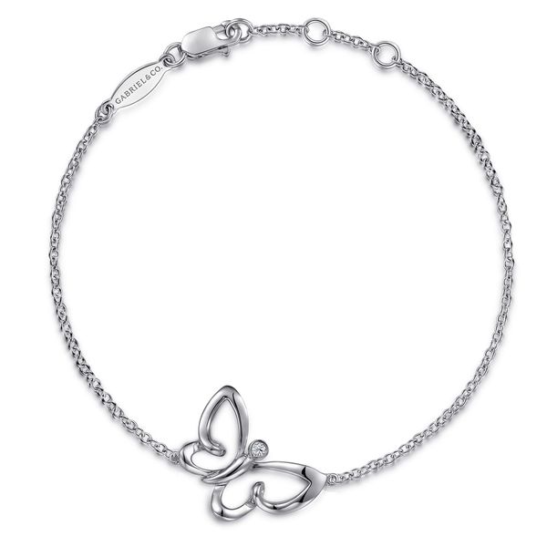 Gabriel & Co. Sterling Silver Butterfly Charm Chain Bracelet with 0.03 CTW White Sapphires Bradley's Jewelers Jacksonville, NC