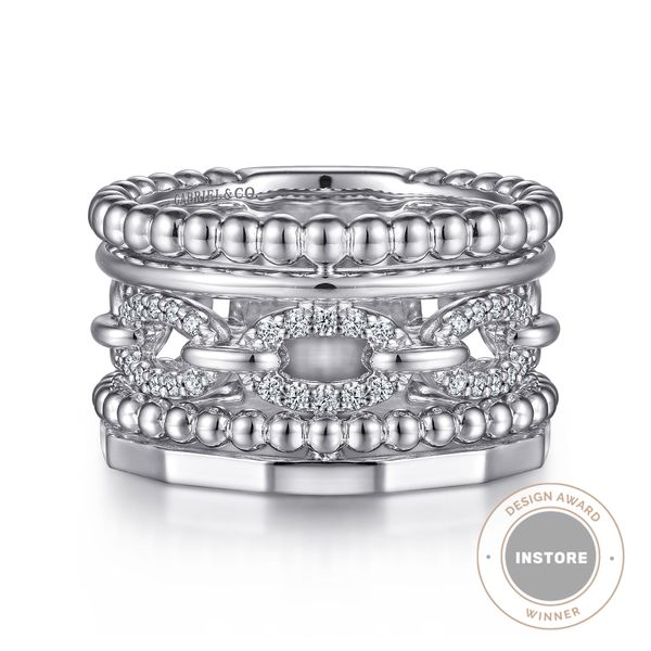 Gabriel & Co Sterling Silver White Sapphire Wide Multi Row Ring Bradley's Jewelers Jacksonville, NC