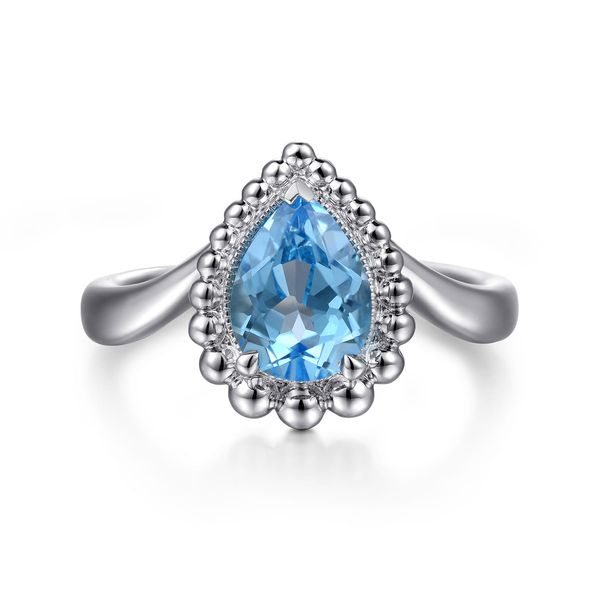 Gabriel & Co Sterling Silver Swiss Blue Topaz Pear Shaped Bujukan Ring Bradley's Jewelers Jacksonville, NC