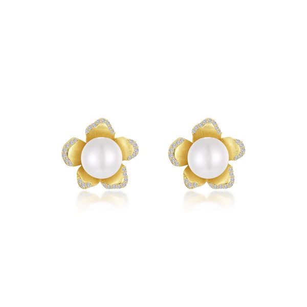 Sterling Silver Gold-Plated Cultured Freshwater Pearl Brushed Flower Stud Earrings 0.62 CTW Bradley's Jewelers Jacksonville, NC