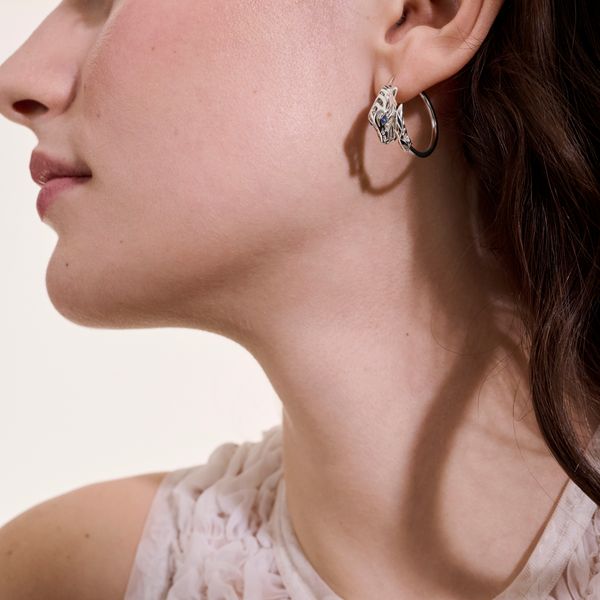 John Hardy Naga Sterling Silver Hoop Earrings with Blue Sapphire Eyes Image 5 Bradley's Jewelers Jacksonville, NC
