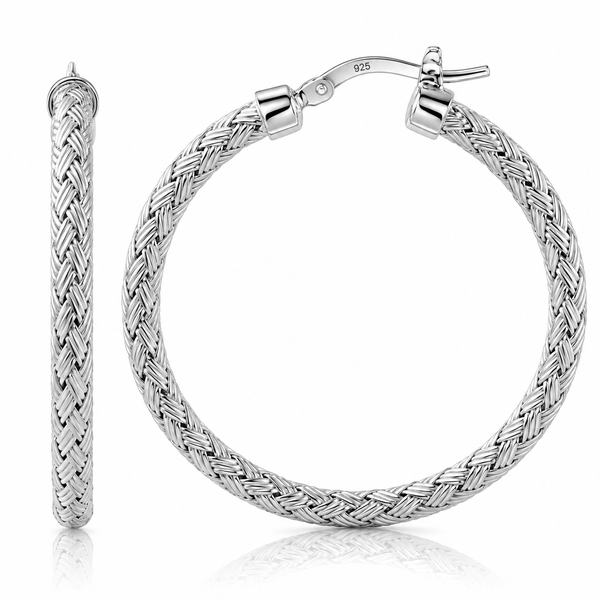 Charles Garnier Sterling Silver 35mm Mesh Hoop Earrings | Rhodium Finish Bradley's Jewelers Jacksonville, NC