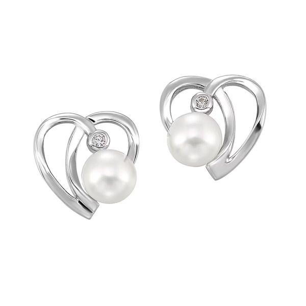 Sterling Silver Freshwater Pearl and CZ Heart Stud Earrings Bradley's Jewelers Jacksonville, NC
