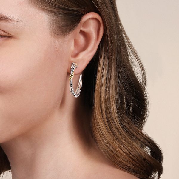 Gabriel & Co Two-Tone Bujukan Criss Cross J Hoop Earrings Sterling Silver & 14K Yellow Gold Image 2 Bradley's Jewelers Jacksonville, NC
