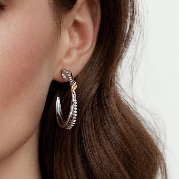 Gabriel & Co Two-Tone Bujukan Criss Cross J Hoop Earrings Sterling Silver & 14K Yellow Gold Image 4 Bradley's Jewelers Jacksonville, NC