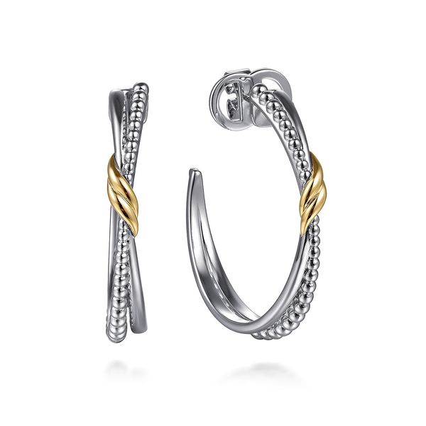Gabriel & Co Two-Tone Bujukan Criss Cross J Hoop Earrings Sterling Silver & 14K Yellow Gold Bradley's Jewelers Jacksonville, NC
