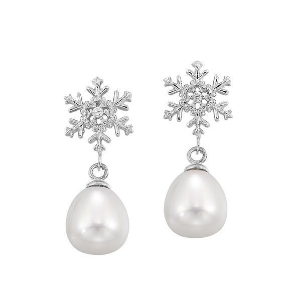 Sterling Silver Snowflake and Freshwater Pearl Drop Earrings Bradley's Jewelers Jacksonville, NC