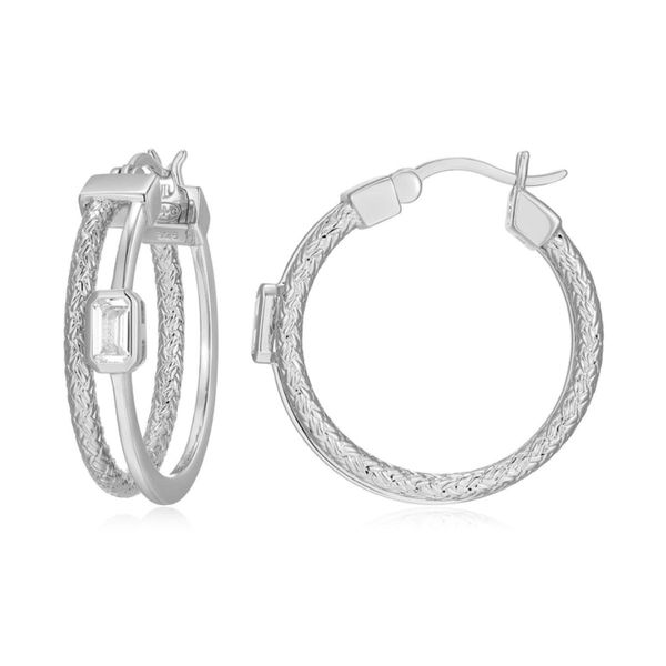 Charles Garnier Rhodium Plated Hoop Earrings with White Sapphires Bradley's Jewelers Jacksonville, NC