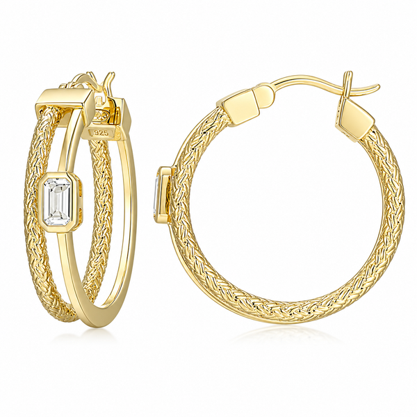 Charles Garnier Gold Plated Hoop Earrings with Emerald Cut White Sapphires Bradley's Jewelers Jacksonville, NC