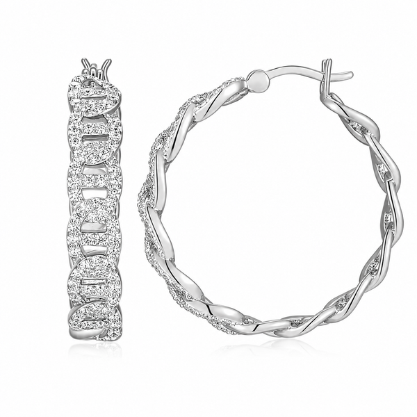 Charles Garnier Rhodium Plated Hoop Earrings with White CZ Bradley's Jewelers Jacksonville, NC