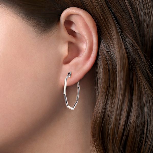 Gabriel & Co. Sterling Silver Geometric Classic Hoop Earrings | Contemporary Collection Image 2 Bradley's Jewelers Jacksonville, NC