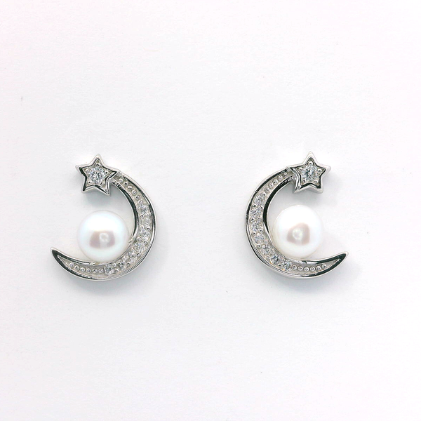 Sterling Silver Crescent Moon Pearl Stud Earrings Bradley's Jewelers Jacksonville, NC