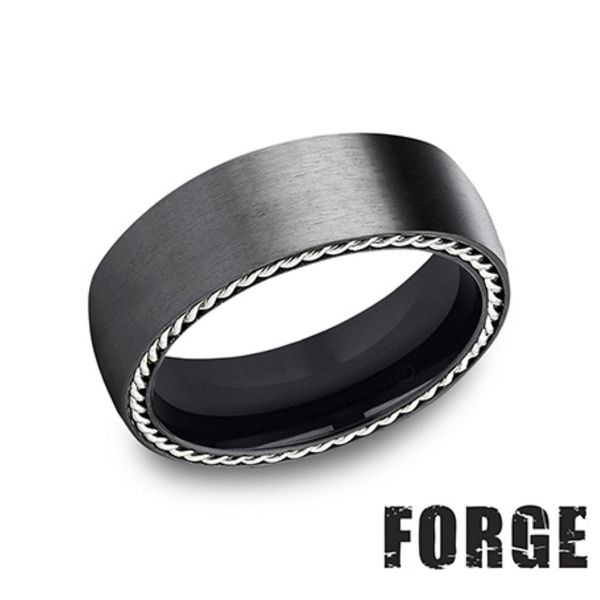 Forge Black Titanium & Silver Rope Edge Wedding Band 7.5mm Size 10 Bradley's Jewelers Jacksonville, NC