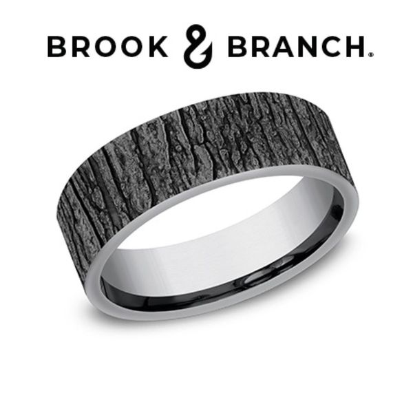 Brook & Branch Grey Tantalum Woodland Bark Wedding Band 6.5mm Size 10 Bradley's Jewelers Jacksonville, NC