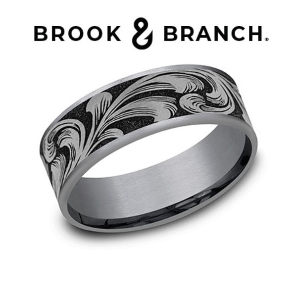 Brook & Branch Tantalum & Titanium Barrel Script Wedding Band 7.5mm Size 10 Bradley's Jewelers Jacksonville, NC