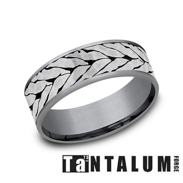 Forge Grey Tantalum Hammered Chevron Wedding Band 7.5mm Bradley's Jewelers Jacksonville, NC