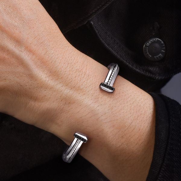 Gabriel & Co Men's Sterling Silver Black Spinel Hampton Collection Open Cuff Bracelet Image 2 Bradley's Jewelers Jacksonville, NC