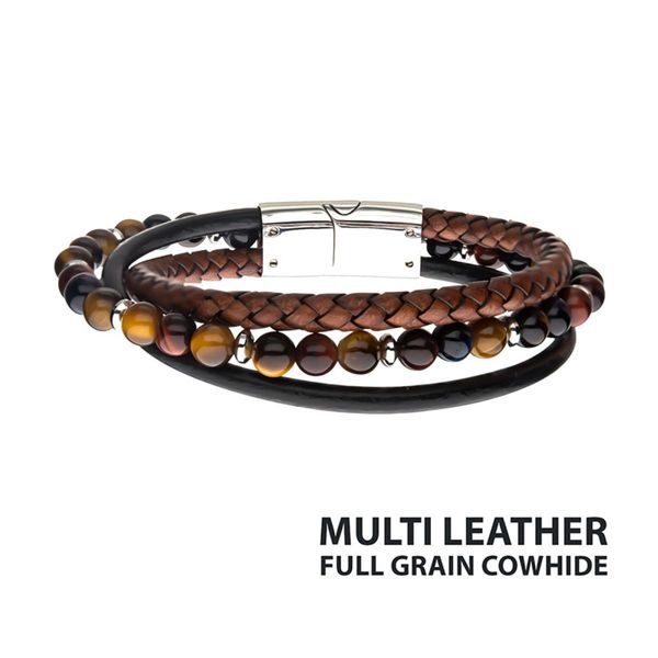 Tiger Eye Bead Brown Braided and Black Full-Grain Leather Layered Bracelet Bradley's Jewelers Jacksonville, NC