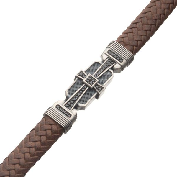 Sterling Silver Brown Braided Leather Bracelet with 40 Black CZs Image 2 Bradley's Jewelers Jacksonville, NC