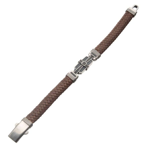 Sterling Silver Brown Braided Leather Bracelet with 40 Black CZs Image 3 Bradley's Jewelers Jacksonville, NC