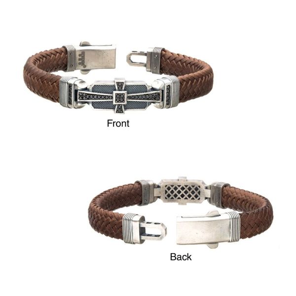 Sterling Silver Brown Braided Leather Bracelet with 40 Black CZs Image 4 Bradley's Jewelers Jacksonville, NC