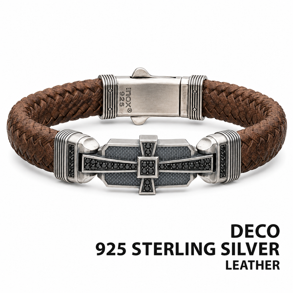 Sterling Silver Brown Braided Leather Bracelet with 40 Black CZs Bradley's Jewelers Jacksonville, NC