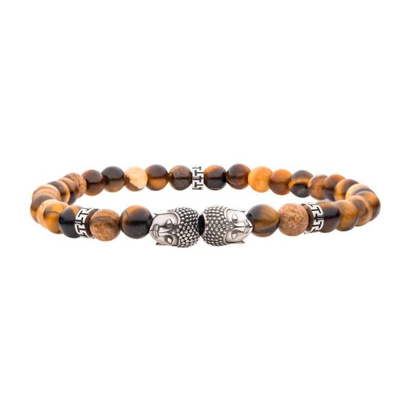 Stainless Steel Buddha Head and Genuine Tiger Eye Bead Bracelet Bradley's Jewelers Jacksonville, NC