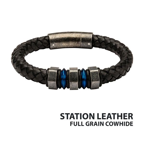 Black Braided Full-Grain Cowhide Leather Bracelet with Blue IP Stainless Steel and Gray Beads Bradley's Jewelers Jacksonville, NC