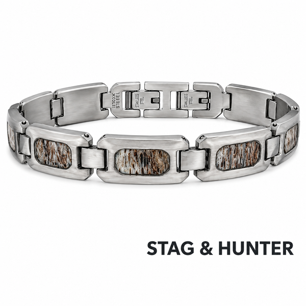 Matte Stainless Steel Link Bracelet with Deer Antler Inlay Bradley's Jewelers Jacksonville, NC