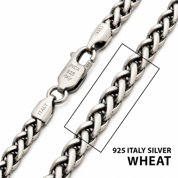 4mm Italian 925 Sterling Silver Black Rhodium-Plated Brushed Satin Wheat Chain Necklace Bradley's Jewelers Jacksonville, NC