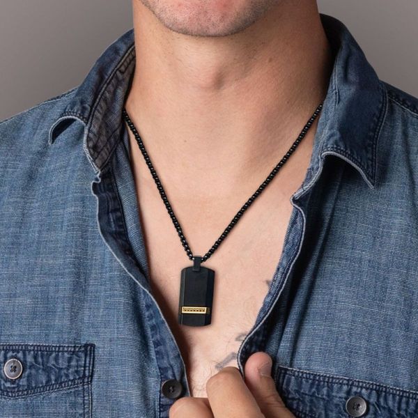 Black IP Steel Dog Tag Pendant with Genuine Black Sapphire and Box Chain Image 3 Bradley's Jewelers Jacksonville, NC