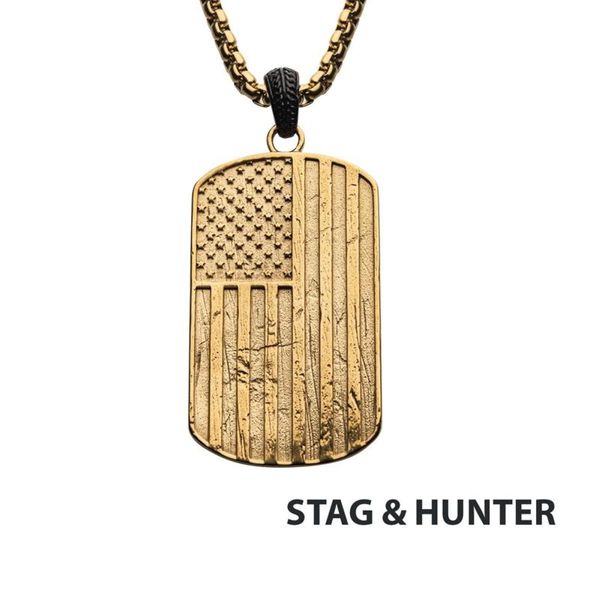 Polished Gold IP Rugged American Flag Pendant with Black IP Bail and Box Chain Bradley's Jewelers Jacksonville, NC