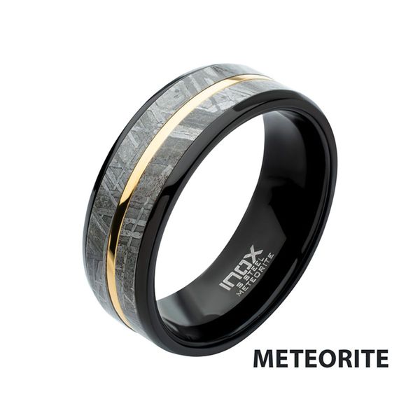 8mm Black IP Comfort Fit Ring with Gold IP and Meteorite Inlay Bradley's Jewelers Jacksonville, NC