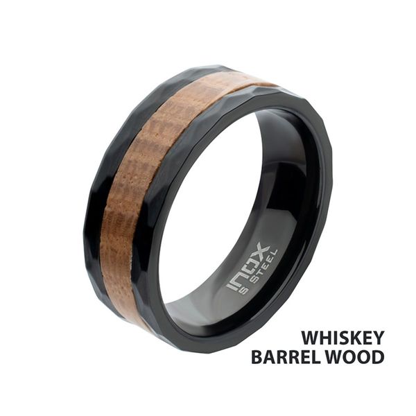 8mm Black IP Stainless Steel Comfort Fit Ring with Whiskey Barrel Wood Inlay Bradley's Jewelers Jacksonville, NC