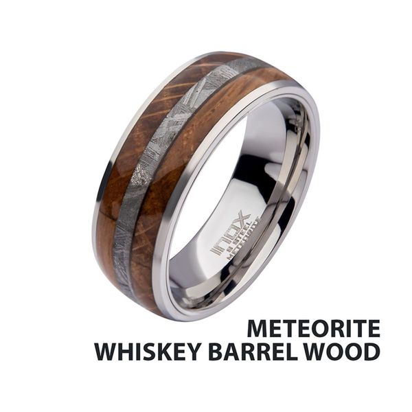 8mm Stainless Steel Comfort Fit Ring with Wood and Meteorite Inlay Bradley's Jewelers Jacksonville, NC