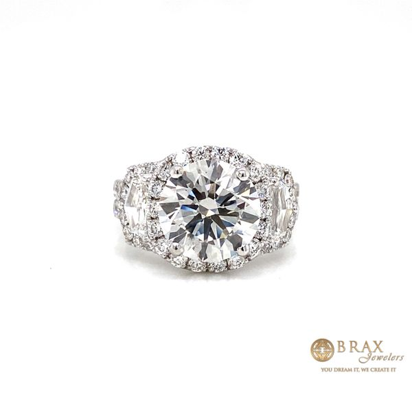 14K White Gold 3 Stone Halo Round Cut Diamond Engagement Ring Brax Jewelers Newport Beach, CA