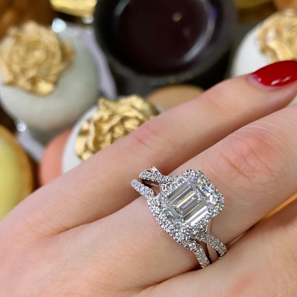14K White Gold Emerald Cut Lab Grown Diamond Engagment Ring and Wedding Band Set Image 4 Brax Jewelers Newport Beach, CA